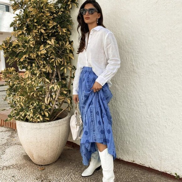 ZARA SS21 MAXI SKIRT WITH CUTWORK EMBROIDERY BLUE